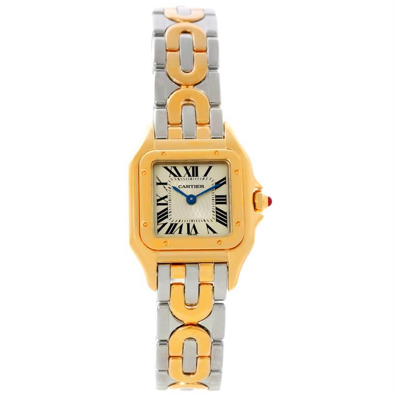 The image shows a front view of a Cartier Panthere W25046S1 Women's Yellow Gold Silver Dial W25046S1 Women's Yellow Gold Silver Dial watch, highlighting its gold and silver bracelet and square face with Roman numerals.