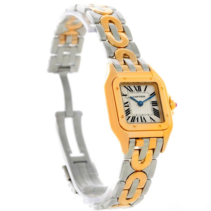 The image shows a Cartier Panthere W25046S1 Women's Yellow Gold Silver Dial W25046S1 Women's Yellow Gold Silver Dial watch at an angled view, highlighting the bezel, dial, and two-tone bracelet.