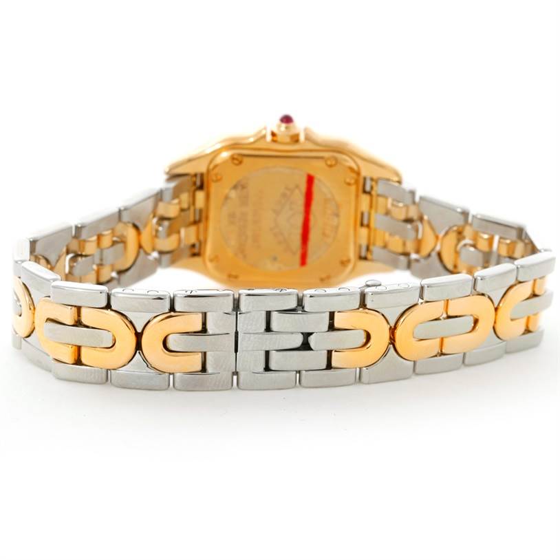 The image shows the back angle of a Cartier Panthere W25046S1 Women's Yellow Gold Silver Dial W25046S1 Women's Yellow Gold Silver Dial watch, highlighting its two-tone stainless steel and gold bracelet.