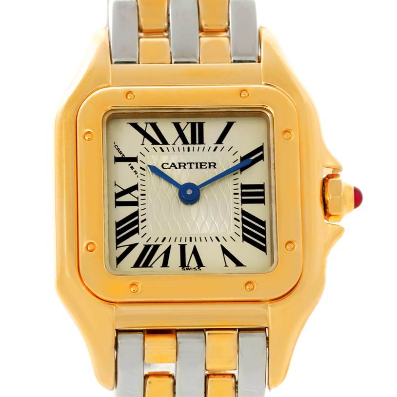 This image shows a front view of the Cartier Panthere W25046S1 Women's Yellow Gold Silver Dial W25046S1 Women's Yellow Gold Silver Dial watch, highlighting its square dial, Roman numerals, and two-tone bracelet.