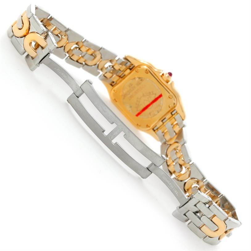 The image shows the backside and bracelet of a Cartier Panthere W25046S1 Women's Yellow Gold Silver Dial W25046S1 Women's Yellow Gold Silver Dial model watch at an angle.