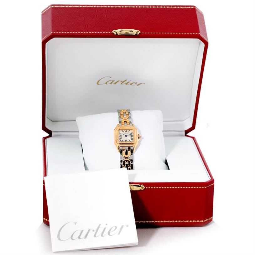 The image shows a Cartier Panthere W25046S1 Women's Yellow Gold Silver Dial W25046S1 Women's Yellow Gold Silver Dial model watch displayed in an open red Cartier box with a booklet in front.