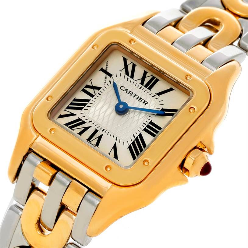 This image shows a close-up of the dial and part of the bracelet of the Cartier Panthere W25046S1 Women's Yellow Gold Silver Dial W25046S1 Women's Yellow Gold Silver Dial watch, highlighting its gold and silver tone.