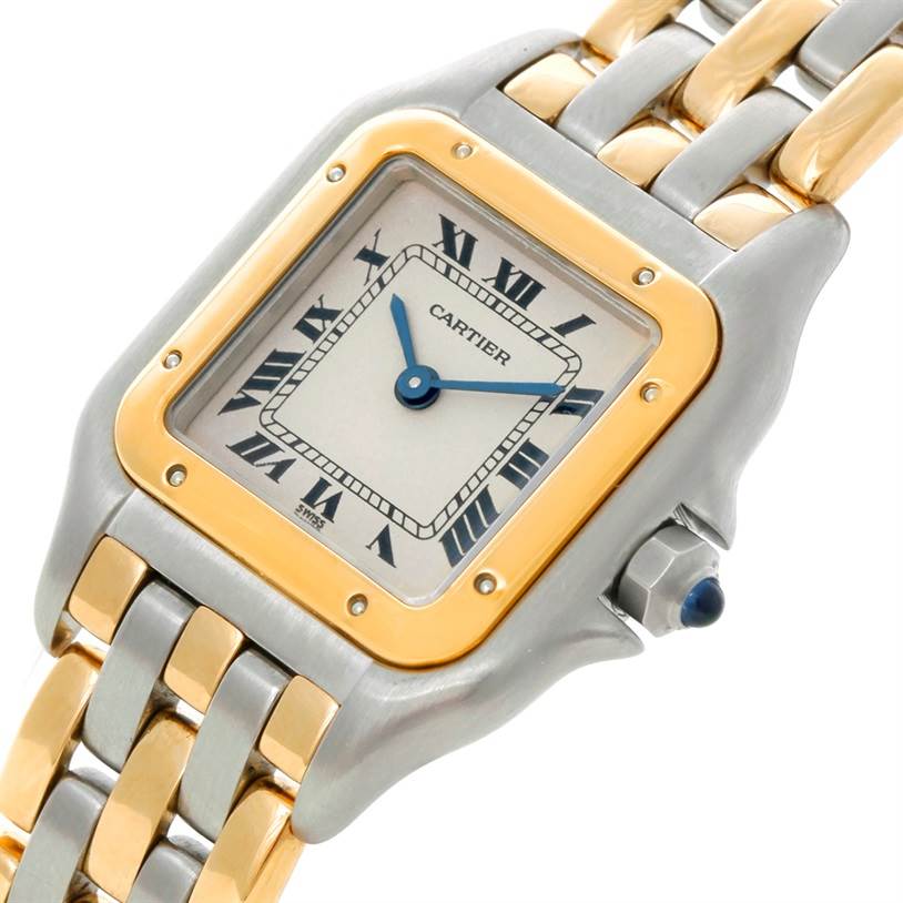 This image shows a close-up, angled view of the Panthere de Cartier watch, highlighting the face, bezel, and part of the band.