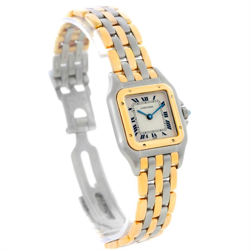 This image shows a Cartier Panthere W25029B6 Women
s Stainless Steel Silver Dial W25029B6 Women
s Stainless Steel Silver Dial watch at an angle, highlighting its two-tone bracelet and square face with Roman numerals.