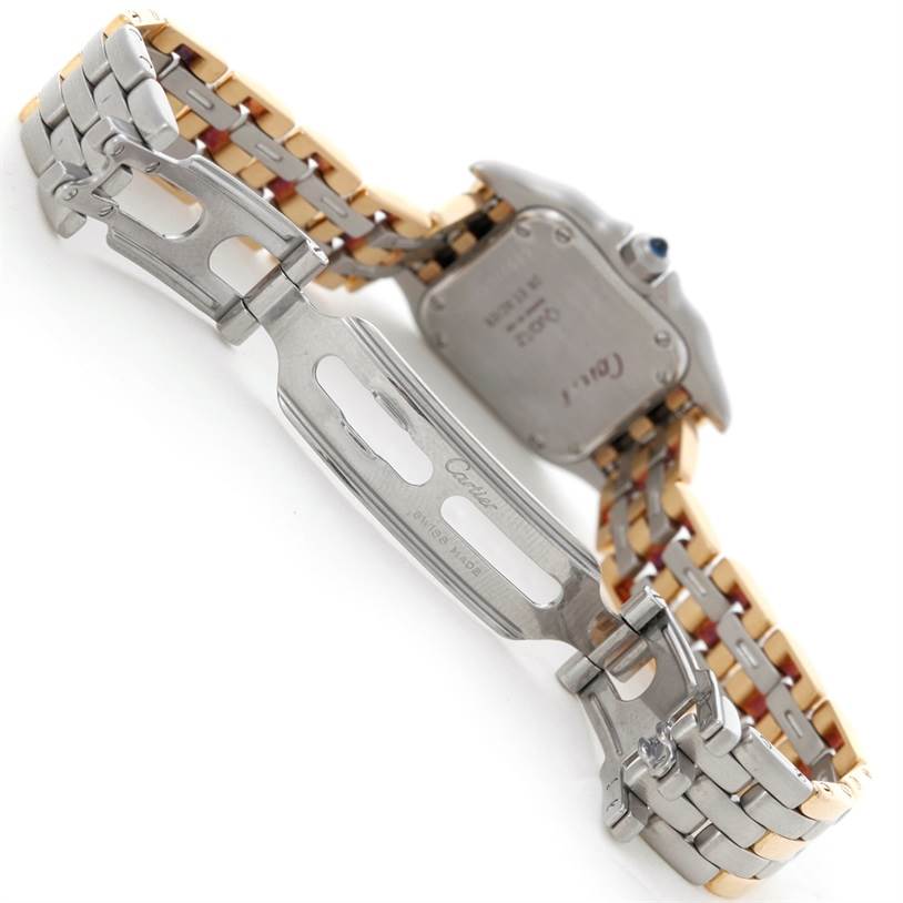 The image shows the back of a Cartier Panthere W25029B6 Women
s Stainless Steel Silver Dial W25029B6 Women
s Stainless Steel Silver Dial watch, focusing on the clasp and part of the bracelet.