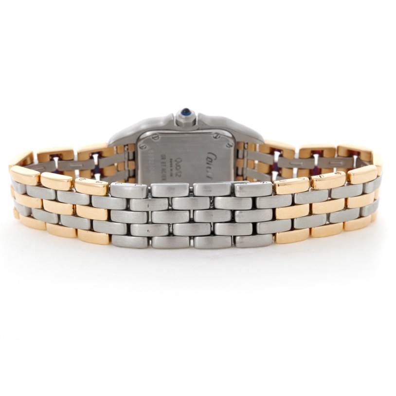 The image shows the back of a Cartier Panthere W25029B6 Women
s Stainless Steel Silver Dial W25029B6 Women
s Stainless Steel Silver Dial watch, highlighting its two-tone bracelet and case back.