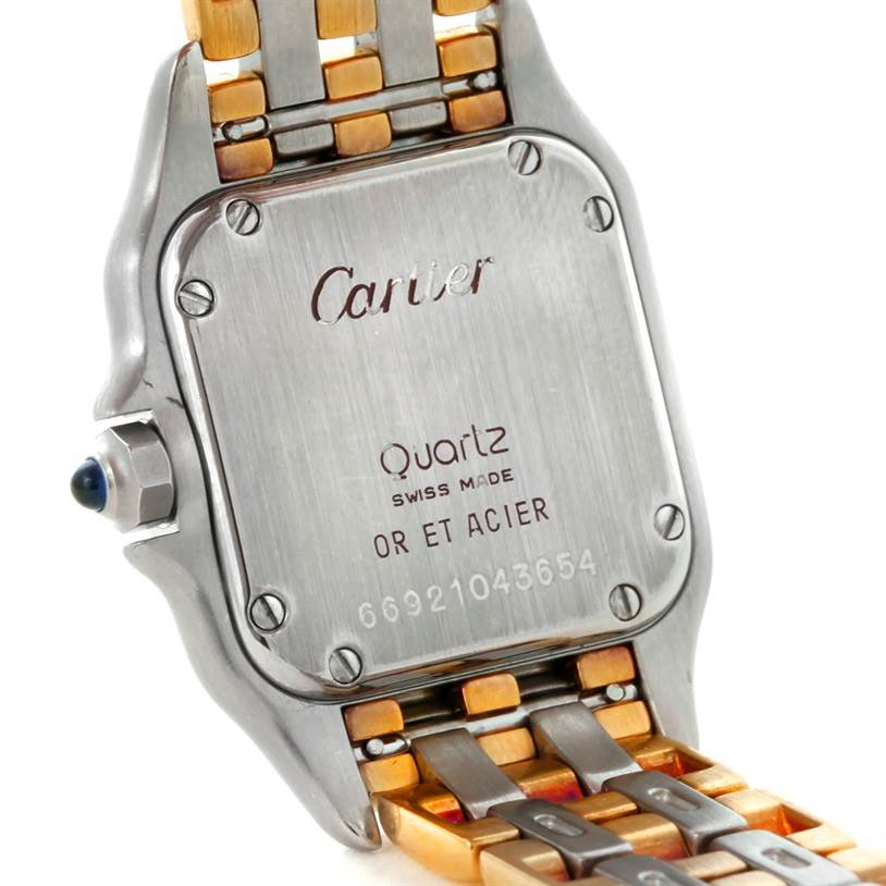 The image shows the back case and part of the bracelet of a Cartier Panthere W25029B6 Women
s Stainless Steel Silver Dial W25029B6 Women
s Stainless Steel Silver Dial watch.