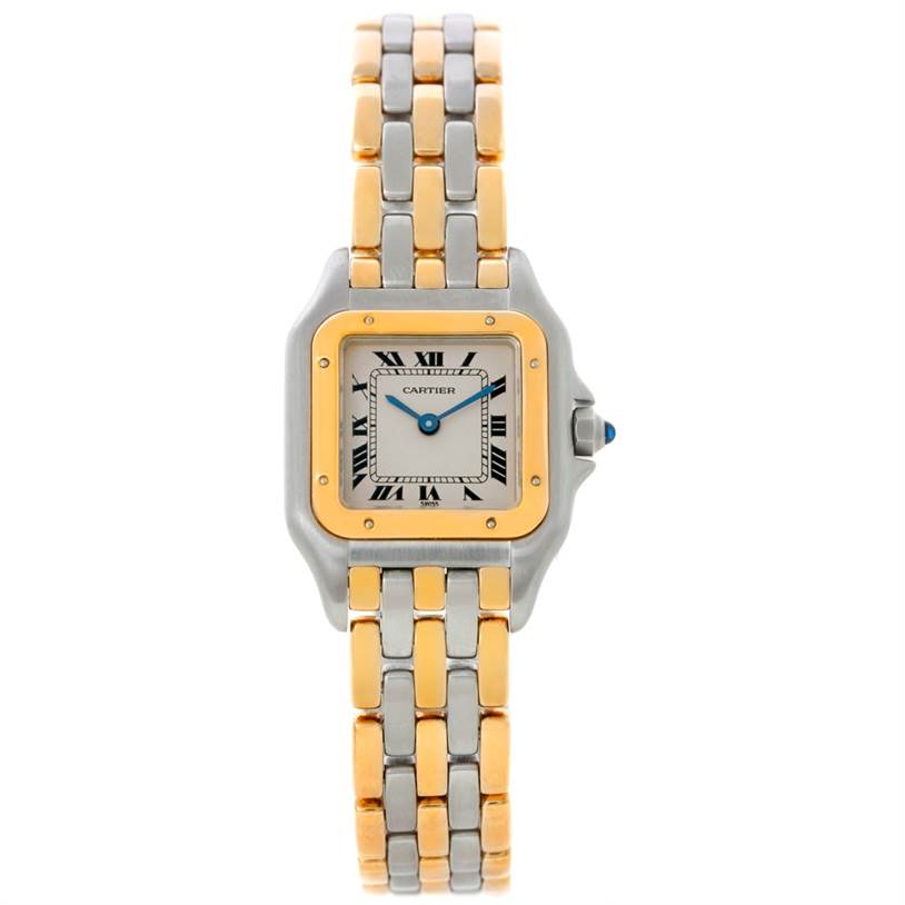 The image shows a front view of the Cartier Panthere W25029B6 Women
s Stainless Steel Silver Dial W25029B6 Women
s Stainless Steel Silver Dial watch, highlighting its two-tone bracelet and square dial.