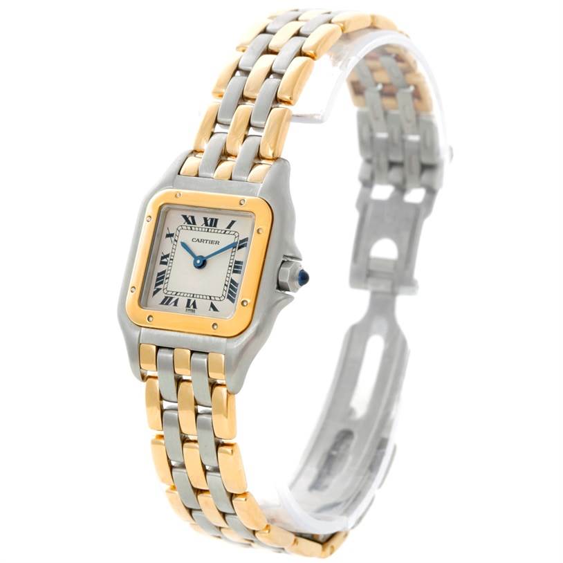 The image shows a Cartier Panthere W25029B6 Women
s Stainless Steel Silver Dial W25029B6 Women
s Stainless Steel Silver Dial watch at an angle highlighting its two-tone bracelet and square dial.