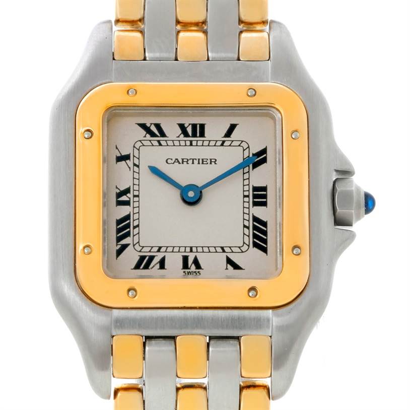 This image shows a front view of the Cartier Panthere W25029B6 Women
s Stainless Steel Silver Dial W25029B6 Women
s Stainless Steel Silver Dial watch, displaying its face, bezel, and part of the bracelet.