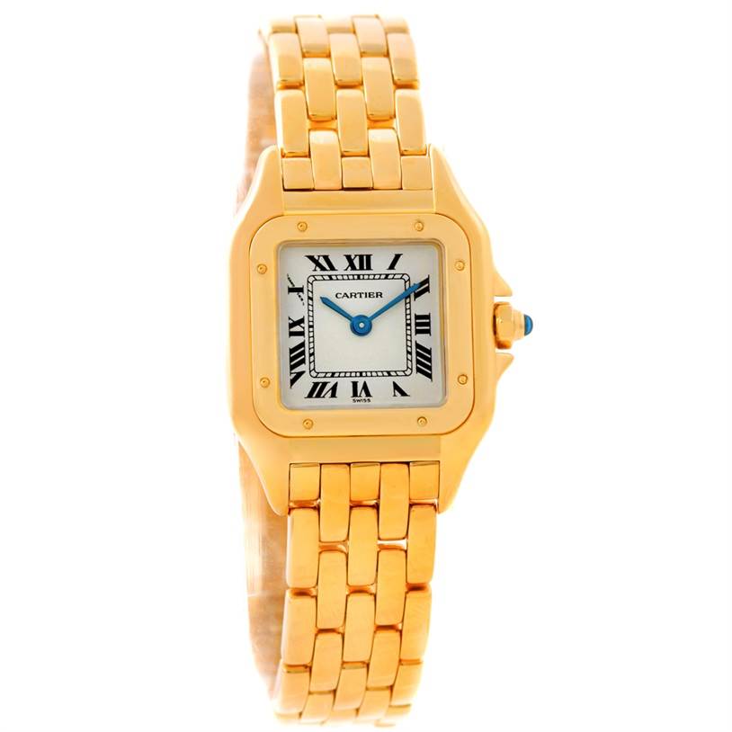 The image shows a front view of a Cartier Panthere W25022B9 Women
s Yellow Gold Silver Dial W25022B9 Women
s Yellow Gold Silver Dial watch, highlighting its gold case, Roman numeral dial, and linked bracelet.
