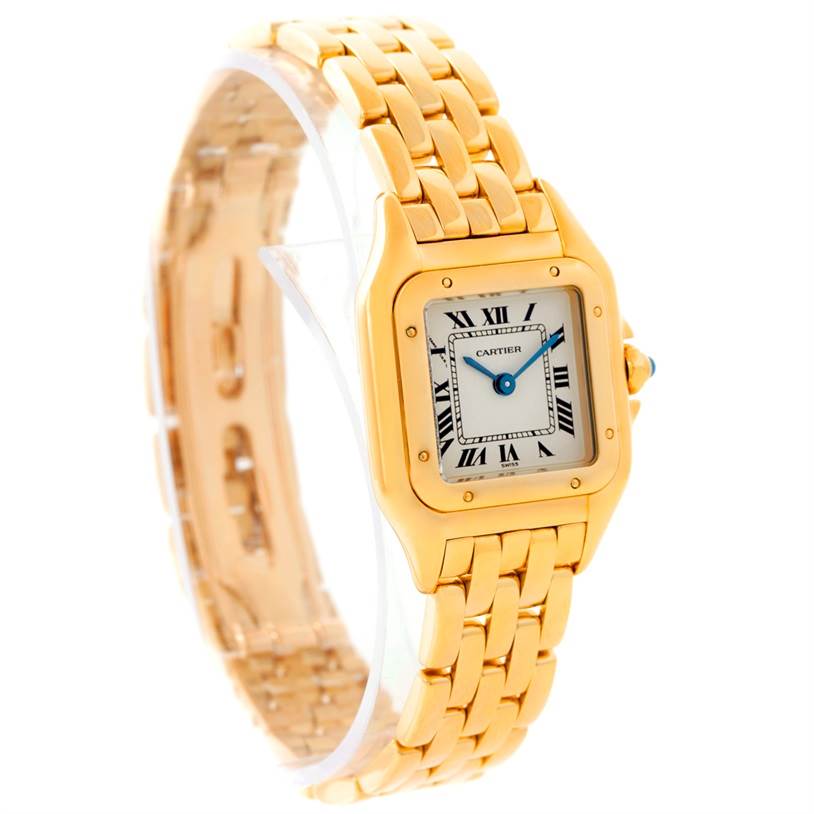 The Cartier Panthere W25022B9 Women
s Yellow Gold Silver Dial W25022B9 Women
s Yellow Gold Silver Dial watch is shown at a three-quarter angle, displaying its gold bracelet and square, Roman numeral dial.
