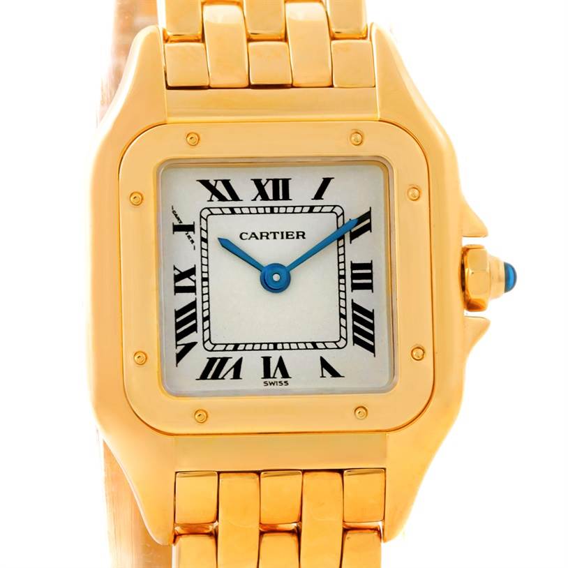 The image shows a front view of the Cartier Panthere W25022B9 Women
s Yellow Gold Silver Dial W25022B9 Women
s Yellow Gold Silver Dial watch, highlighting its gold case, Roman numeral dial, and linked bracelet.
