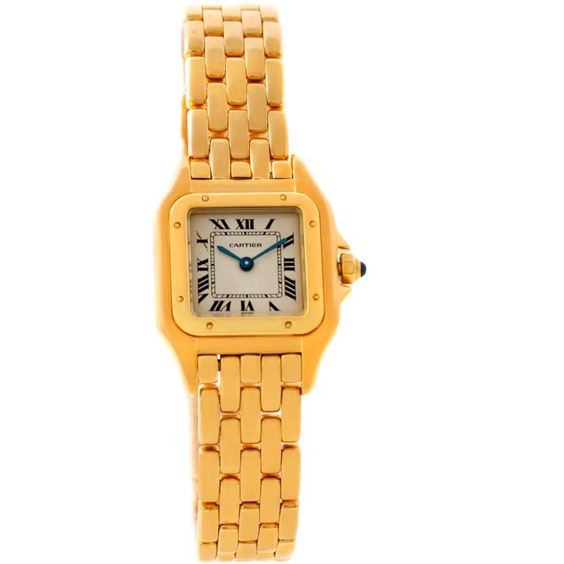The image shows a front view of the Cartier Panthere W25022B9 Women's Yellow Gold Silver Dial W25022B9 Women's Yellow Gold Silver Dial watch, featuring its gold bracelet and square face with Roman numeral indices.