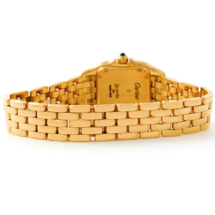 This image shows the back view of a Cartier Panthere W25022B9 Women's Yellow Gold Silver Dial W25022B9 Women's Yellow Gold Silver Dial watch, highlighting its linked gold bracelet and case back.