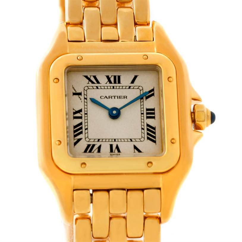 The image shows a close-up of the dial and part of the bracelet of a Cartier Panthere W25022B9 Women's Yellow Gold Silver Dial W25022B9 Women's Yellow Gold Silver Dial watch.