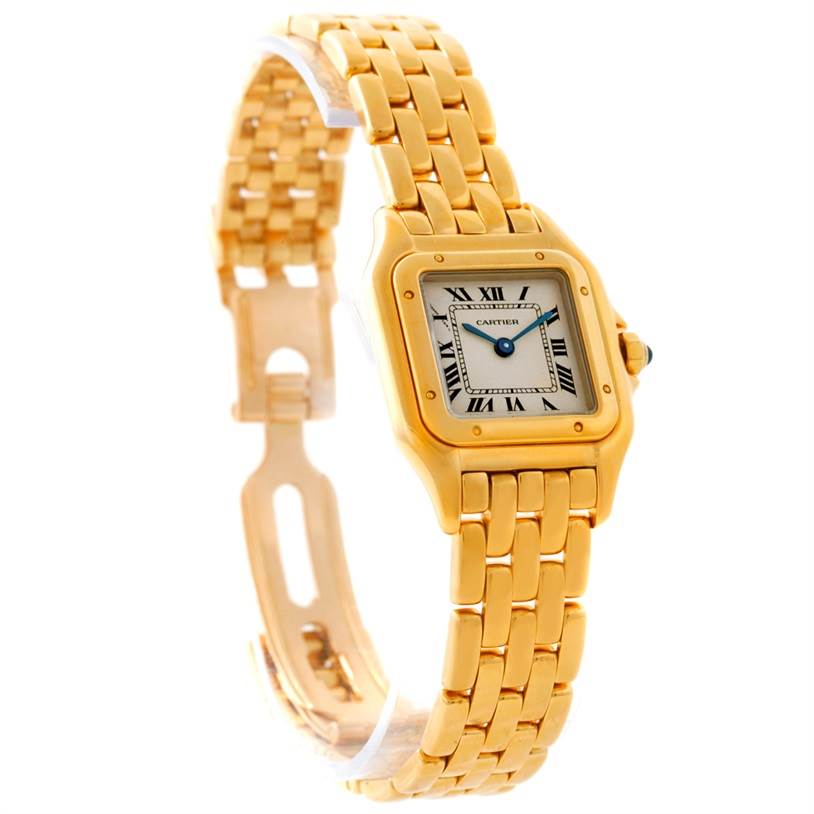 This image shows a Cartier Panthere W25022B9 Women's Yellow Gold Silver Dial W25022B9 Women's Yellow Gold Silver Dial watch at a three-quarter angle, showcasing the face, dial, and linked bracelet band.