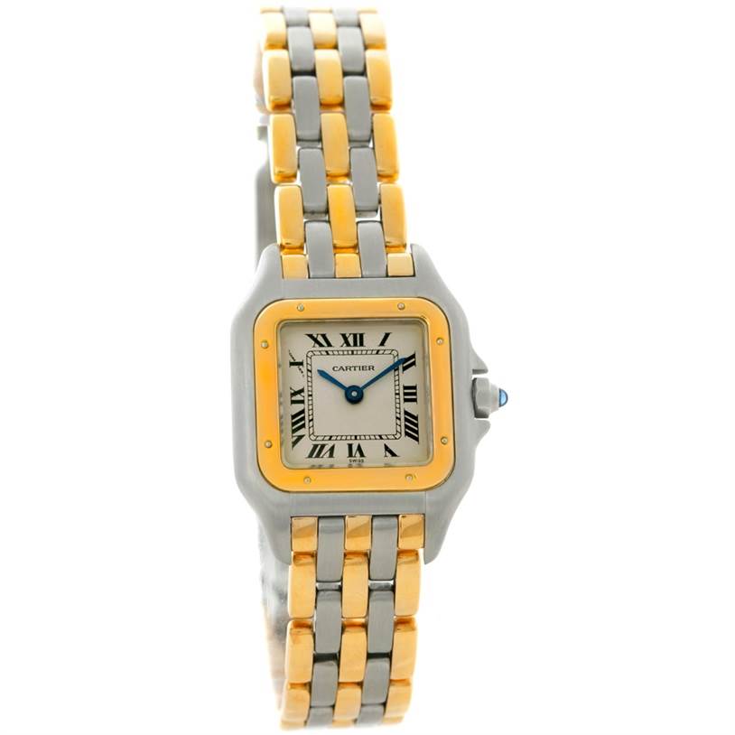 The Cartier Panthere W25029B6 Women's Stainless Steel Beige Dial W25029B6 Women's Stainless Steel Beige Dial watch is shown from a front angle, highlighting its dual-tone metal strap and square gold bezel.