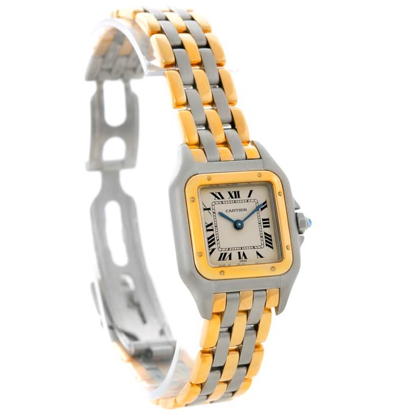 The Cartier Panthere W25029B6 Women's Stainless Steel Beige Dial W25029B6 Women's Stainless Steel Beige Dial watch is shown at a slight angle, highlighting its two-tone bracelet and square face with Roman numerals.