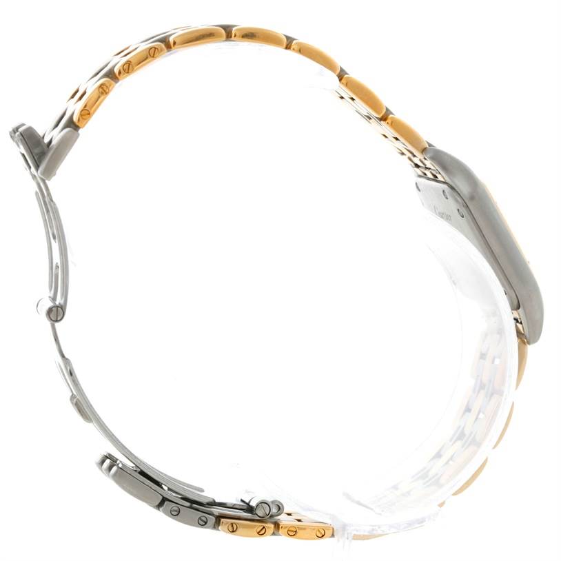 The image shows a side view of the Cartier Panthere W25029B6 Women's Stainless Steel Beige Dial W25029B6 Women's Stainless Steel Beige Dial watch, highlighting its two-tone metal bracelet and clasp.