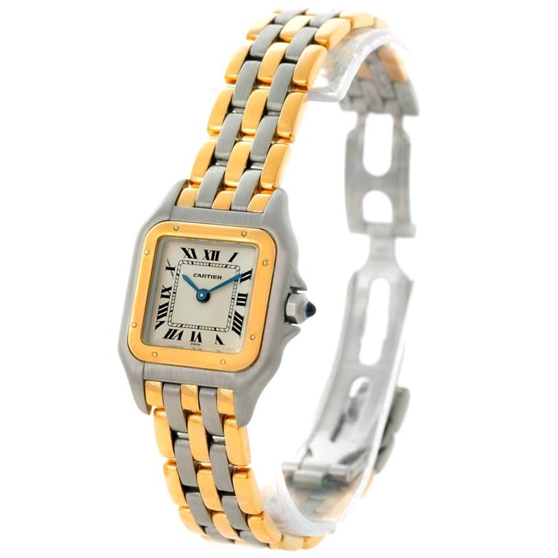 This image shows a Cartier Panthere W25029B6 Women's Stainless Steel Beige Dial W25029B6 Women's Stainless Steel Beige Dial watch from a front angle, highlighting the face, bezel, and two-tone metal bracelet.
