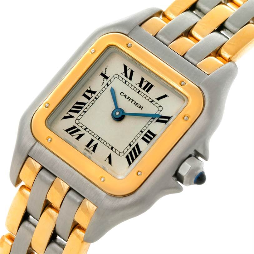 The image shows a close-up, angled view of the face and band of the Cartier Panthere W25029B6 Women's Stainless Steel Beige Dial W25029B6 Women's Stainless Steel Beige Dial model watch.