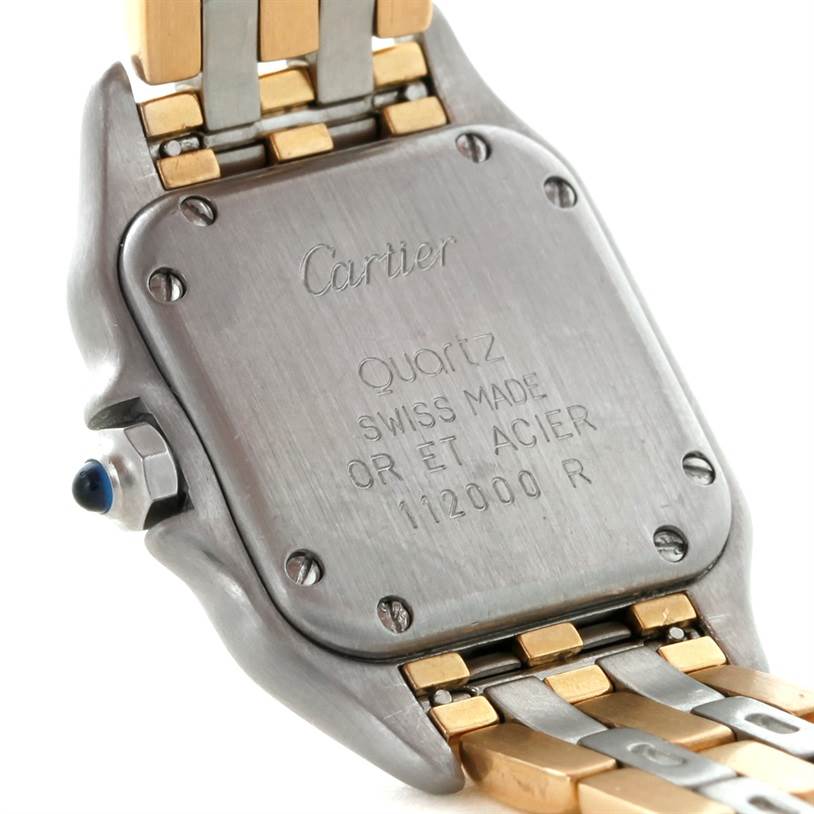 This image shows the back case and part of the bracelet of the Cartier Panthere W25029B6 Women's Stainless Steel Beige Dial W25029B6 Women's Stainless Steel Beige Dial watch from a close-up angle.