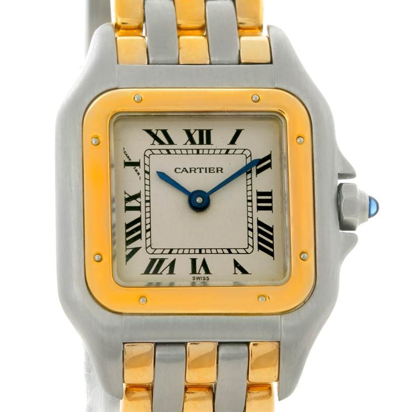 The image shows a close-up of a Cartier Panthère watch face, bezel, and part of the bracelet.