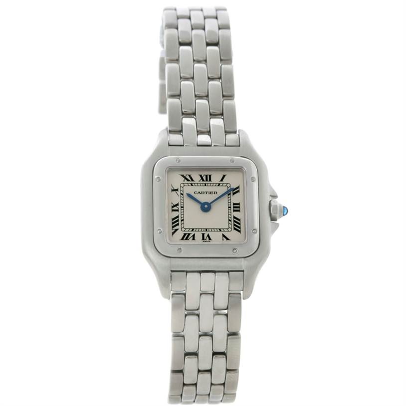 The image shows a Cartier Panthere W25033P5 Women
s Stainless Steel Silver Dial W25033P5 Women
s Stainless Steel Silver Dial model watch from a front angle, displaying the face, bracelet, and crown.