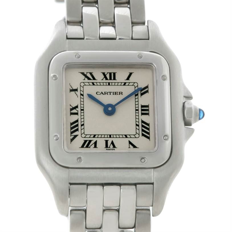 This image shows a front view of the Cartier Panthere W25033P5 Women
s Stainless Steel Silver Dial W25033P5 Women
s Stainless Steel Silver Dial watch, highlighting the face, bezel, and part of the bracelet.