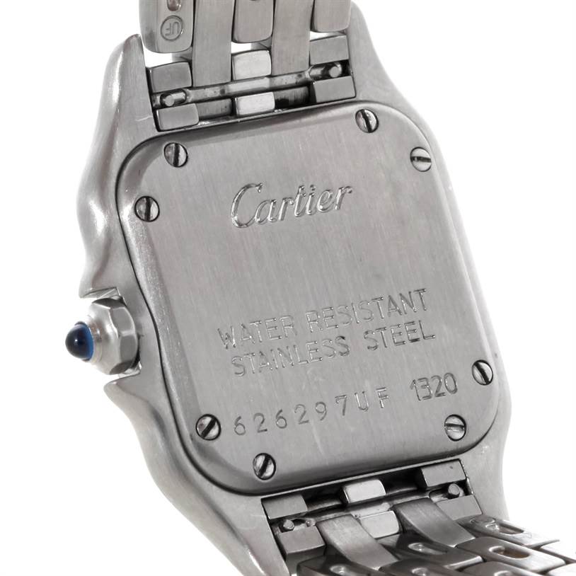 This image shows the back case and part of the bracelet of the Cartier Panthere W25033P5 Women
s Stainless Steel Silver Dial W25033P5 Women
s Stainless Steel Silver Dial watch, highlighting its stainless steel construction.