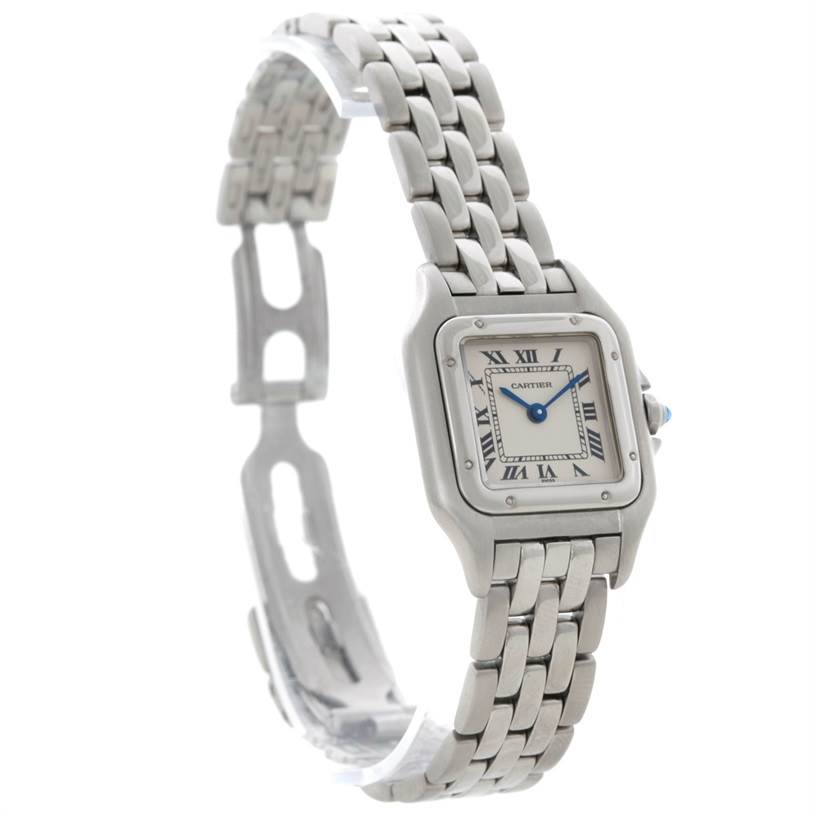 The photo shows a side-angle view of the Cartier Panthere W25033P5 Women
s Stainless Steel Silver Dial W25033P5 Women
s Stainless Steel Silver Dial watch, highlighting its square face and metal bracelet.