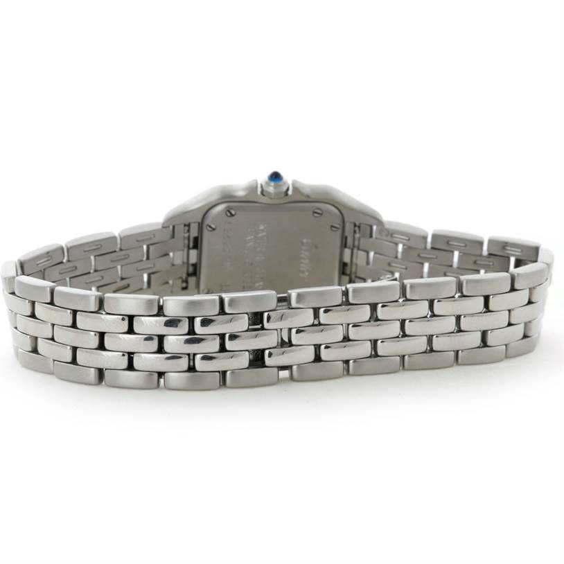 The image shows the back of a Cartier Panthere W25033P5 Women
s Stainless Steel Silver Dial W25033P5 Women
s Stainless Steel Silver Dial model watch, focusing on the stainless steel bracelet and the case back.