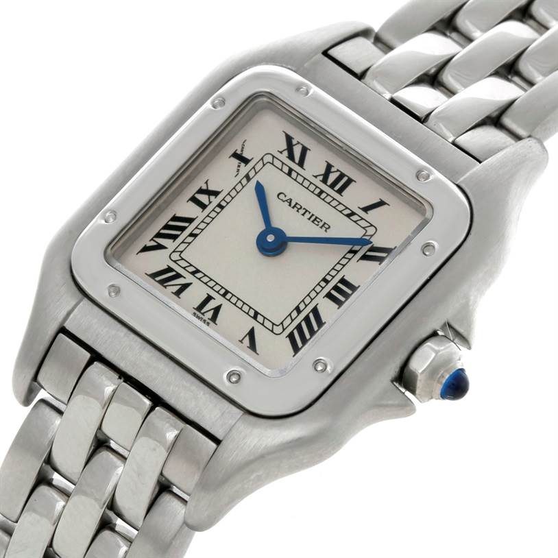 The Cartier Panthere W25033P5 Women
s Stainless Steel Silver Dial W25033P5 Women
s Stainless Steel Silver Dial watch is shown at an angled view displaying the dial, Roman numeral markers, blue hands, bezel, and part of the bracelet.