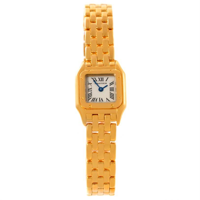 This image shows a front view of the Cartier Panthere W25034B9 Women's Yellow Gold Silver Dial W25034B9 Women's Yellow Gold Silver Dial model watch, featuring its gold bracelet and square face with Roman numerals.