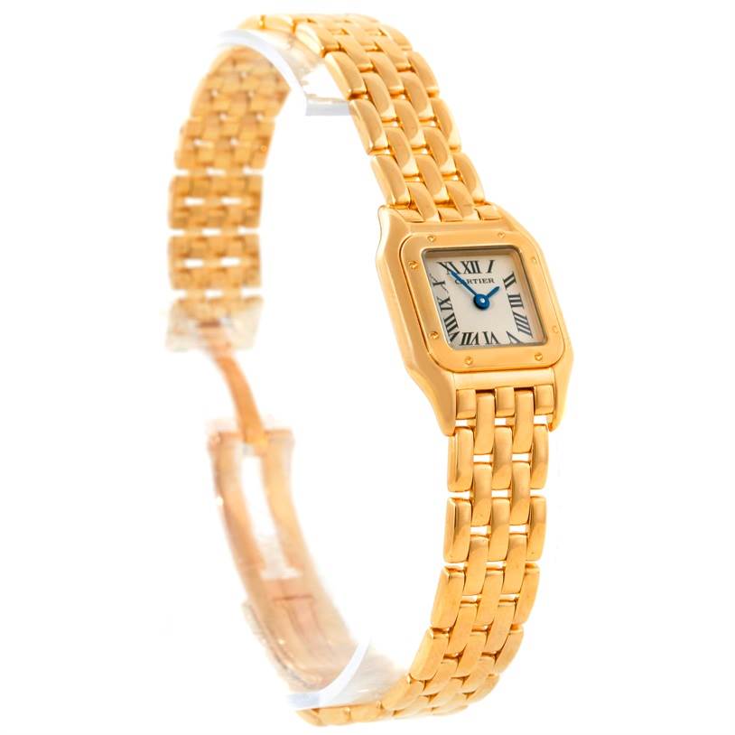 The image shows a Panthère model Cartier watch angled to highlight its gold bracelet and square face with Roman numeral markers.