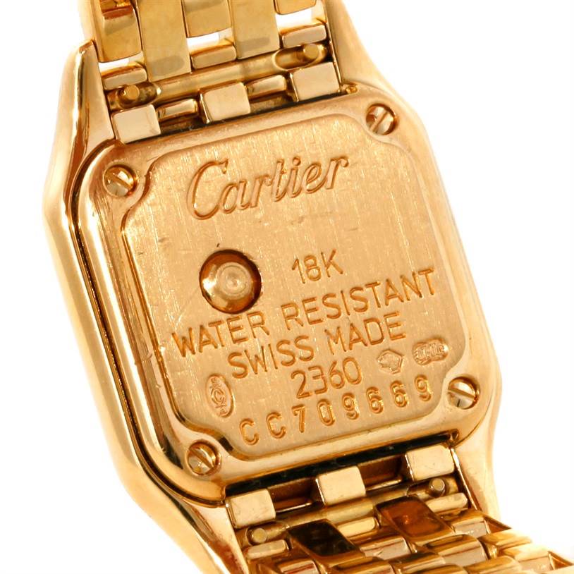 This image shows the back cover and part of the bracelet of a Cartier Panthere W25034B9 Women's Yellow Gold Silver Dial W25034B9 Women's Yellow Gold Silver Dial watch.