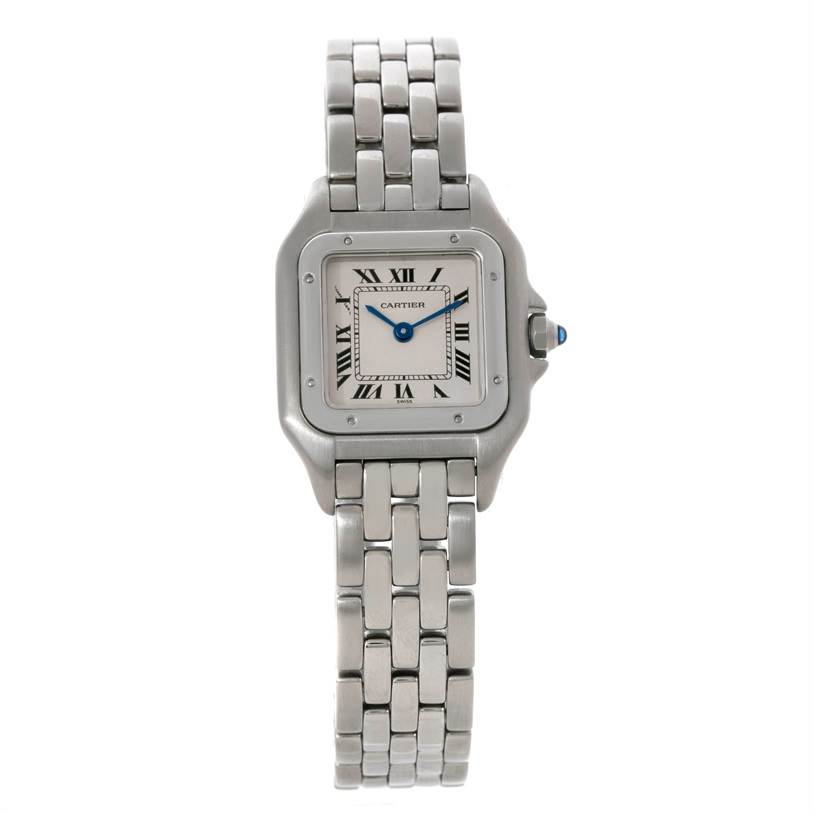 This image shows a front view of the Cartier Panthere W25033P5 Women
s Stainless Steel Silver Dial W25033P5 Women
s Stainless Steel Silver Dial model watch, displaying its face, bracelet, and bezel.