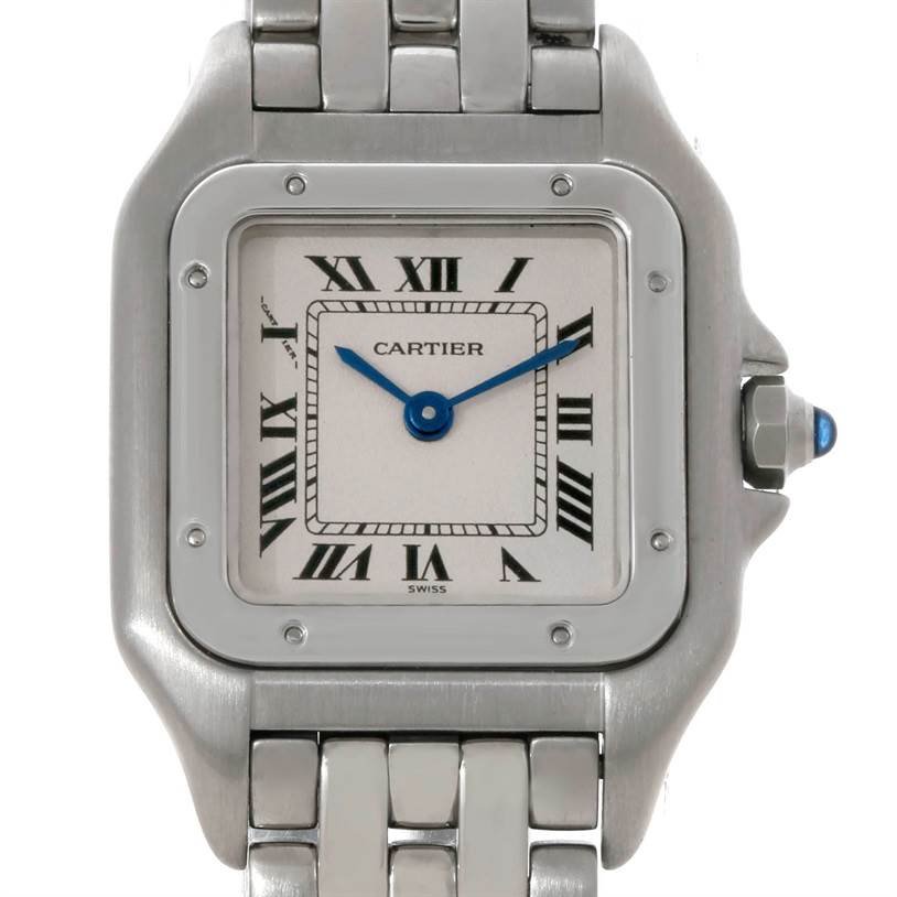 This image features a close-up, front view of a Cartier Panthere W25033P5 Women
s Stainless Steel Silver Dial W25033P5 Women
s Stainless Steel Silver Dial watch, highlighting the face, hands, and part of the bracelet.