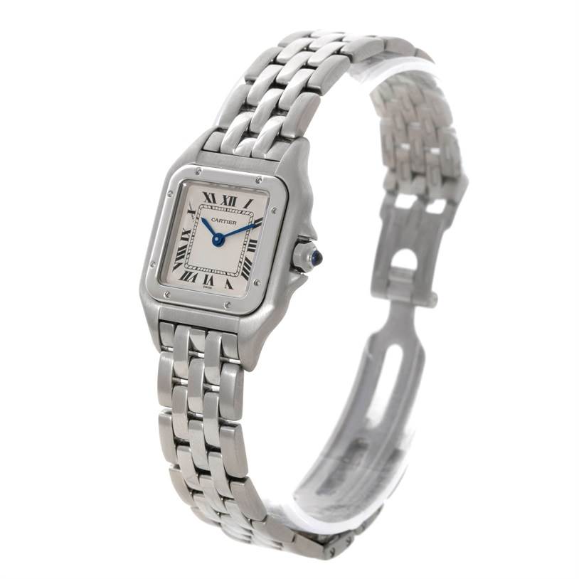 The image shows a Cartier Panthere W25033P5 Women
s Stainless Steel Silver Dial W25033P5 Women
s Stainless Steel Silver Dial model watch at a three-quarter angle, displaying the face, bracelet, and clasp.