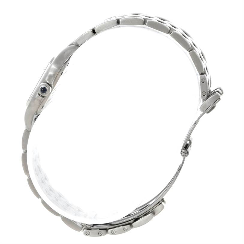 This side view of the Cartier Panthere W25033P5 Women
s Stainless Steel Silver Dial W25033P5 Women
s Stainless Steel Silver Dial watch highlights its thin case and metal bracelet.