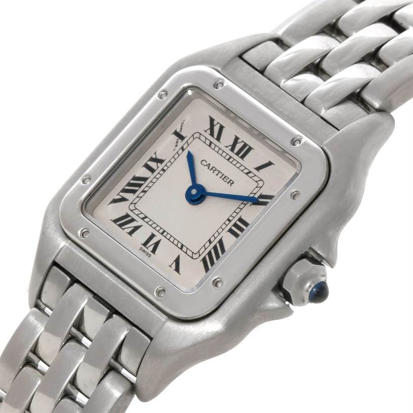 The image shows a close-up of a Cartier Panthere W25033P5 Women
s Stainless Steel Silver Dial W25033P5 Women
s Stainless Steel Silver Dial watch face and part of its bracelet from an angled view.