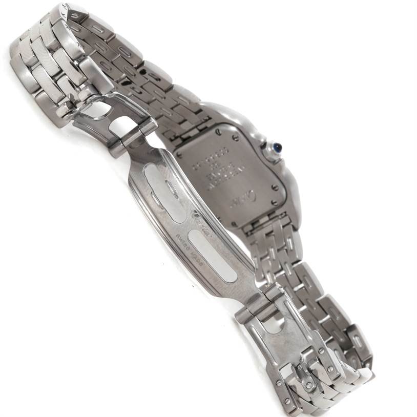 This image shows the clasp and the underside of the bracelet and case back of a Cartier Panthere W25033P5 Women
s Stainless Steel Silver Dial W25033P5 Women
s Stainless Steel Silver Dial watch, viewed from the back.
