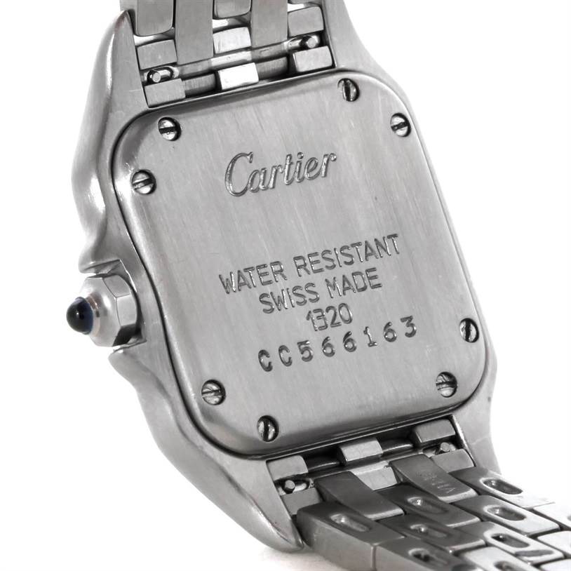 The image shows the back of a Panthere model by Cartier, displaying the caseback and part of the metal bracelet.