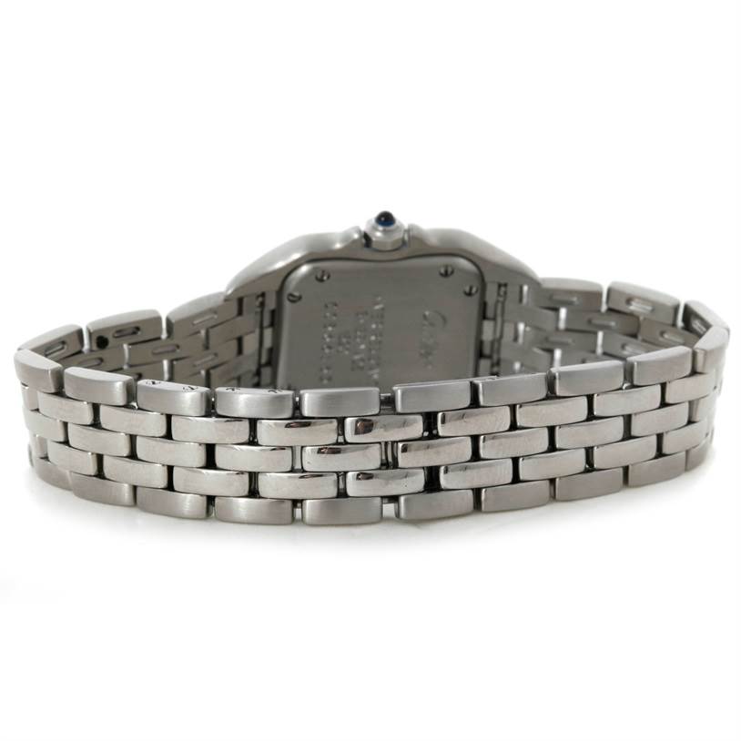 The image shows the rear view of the Panthere de Cartier watch, highlighting its metal bracelet and case back.