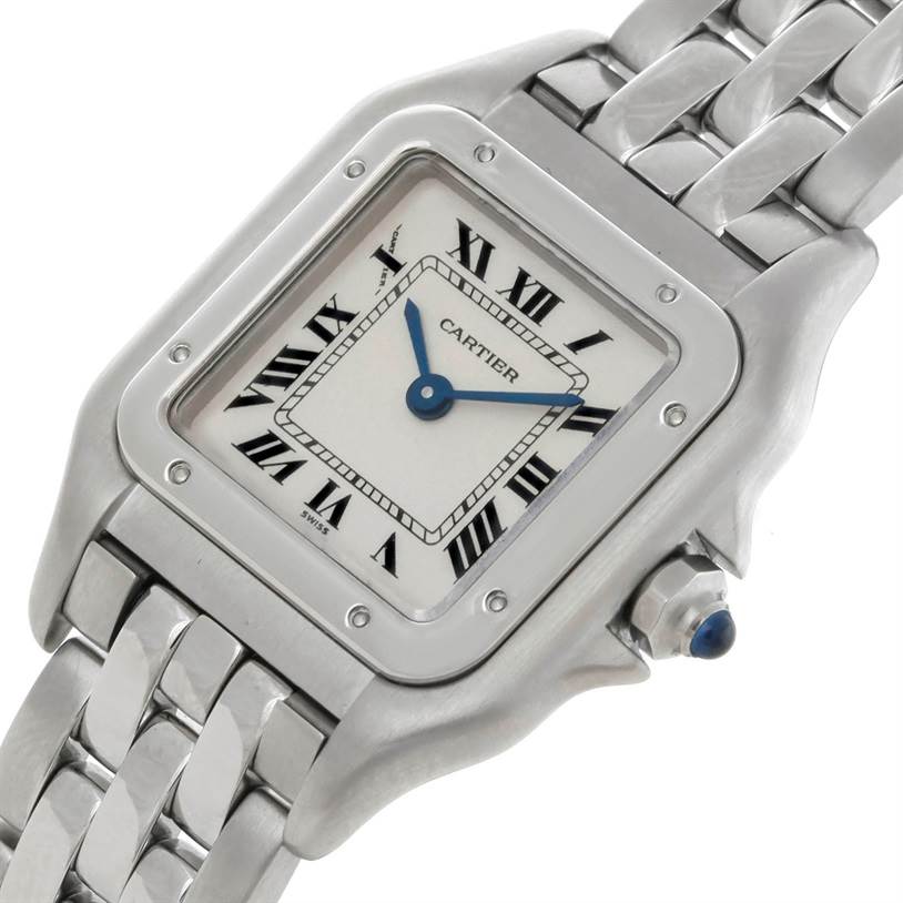 This image shows a close-up of the dial and stainless steel bracelet of the Cartier Panthere W25033P5 Women
s Stainless Steel Silver Dial W25033P5 Women
s Stainless Steel Silver Dial watch, viewed from an angle.