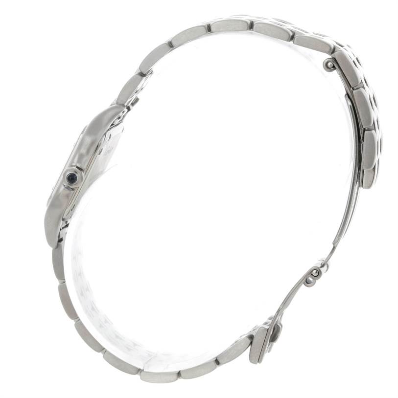 The image shows a side profile of a Panthere model by Cartier, highlighting its metal bracelet and watch case.