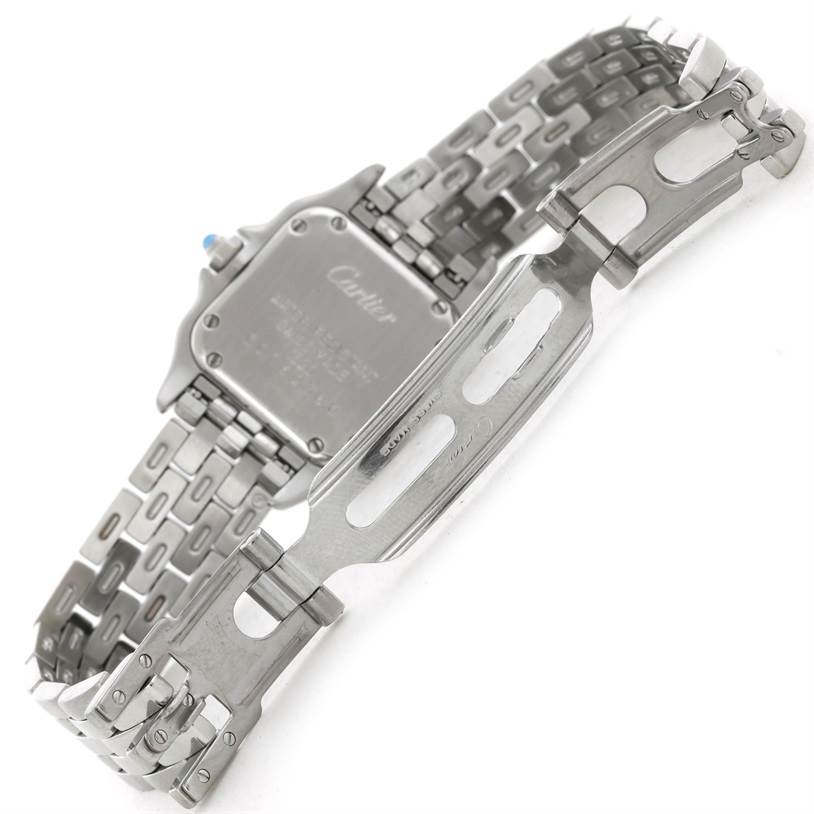 This image shows the back and clasp mechanism of a Cartier Panthere W25033P5 Women
s Stainless Steel Silver Dial W25033P5 Women
s Stainless Steel Silver Dial watch, displaying the bracelet and case back.
