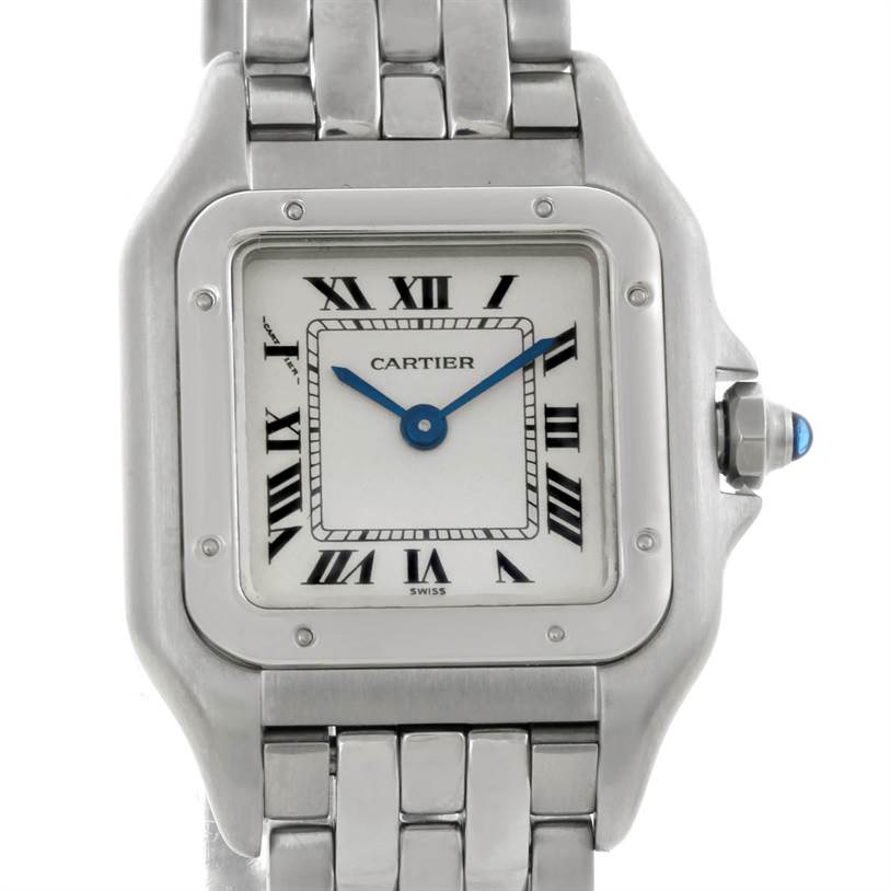 This image shows a front angle view of the Cartier Panthere W25033P5 Women
s Stainless Steel Silver Dial W25033P5 Women
s Stainless Steel Silver Dial watch face and bracelet.